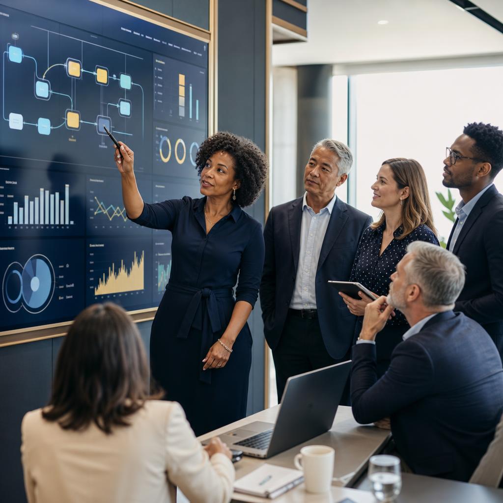 Diverse professionals collaborating on AI implementation strategy